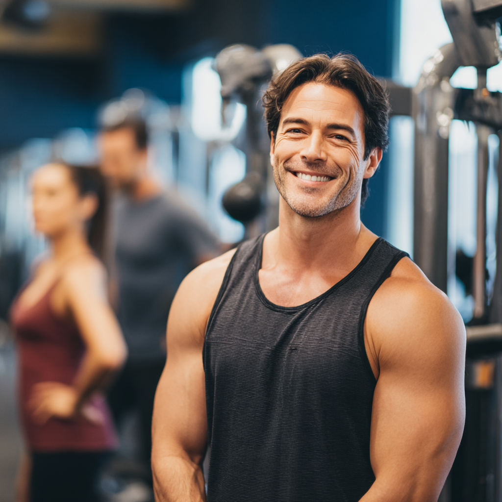 Усміхнені європейські чоловік та жінка у спортивному одязі тримають гантелі в сучасному фітнес-залі, показуючи позитивний настрій та готовність до тренування