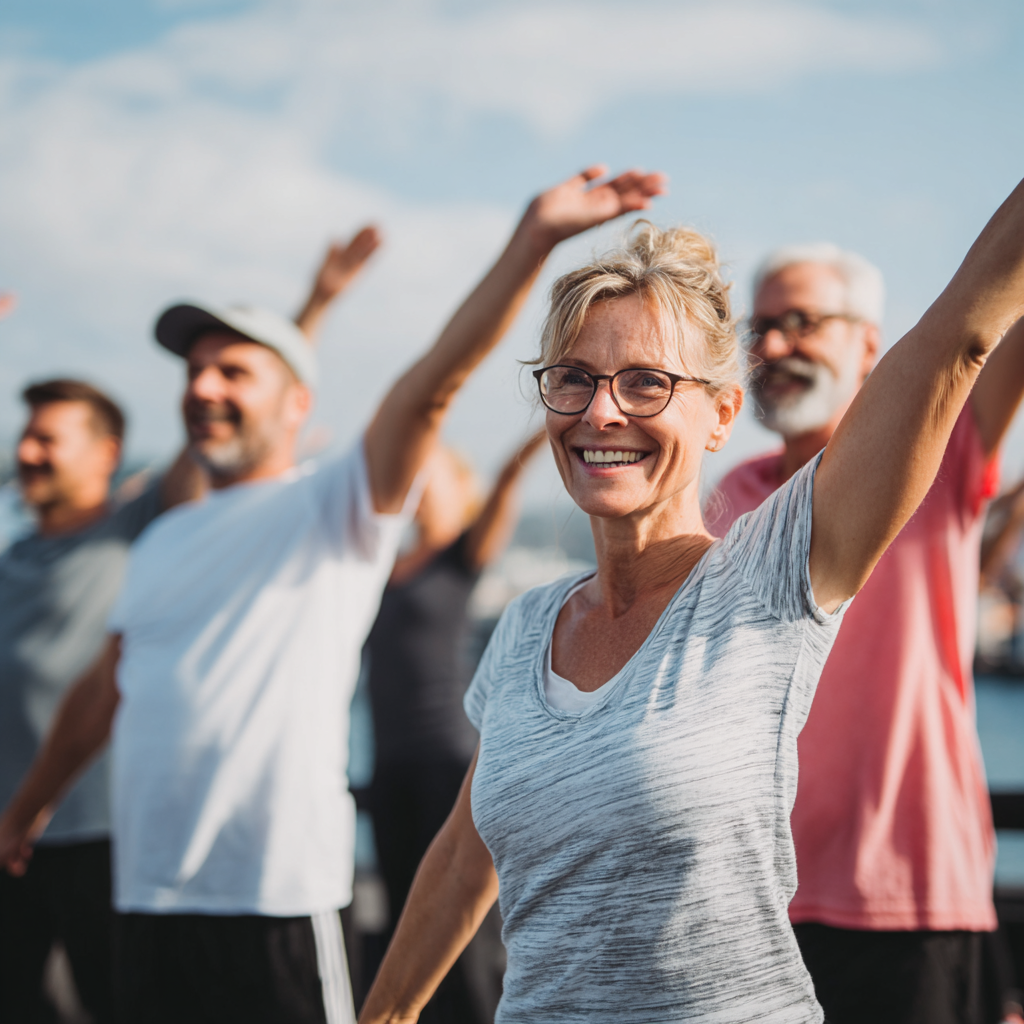 Група людей європейської зовнішності різного віку виконує функціональні вправи з власною вагою на спеціальних матах у світлому приміщенні, демонструючи правильну техніку та концентрацію